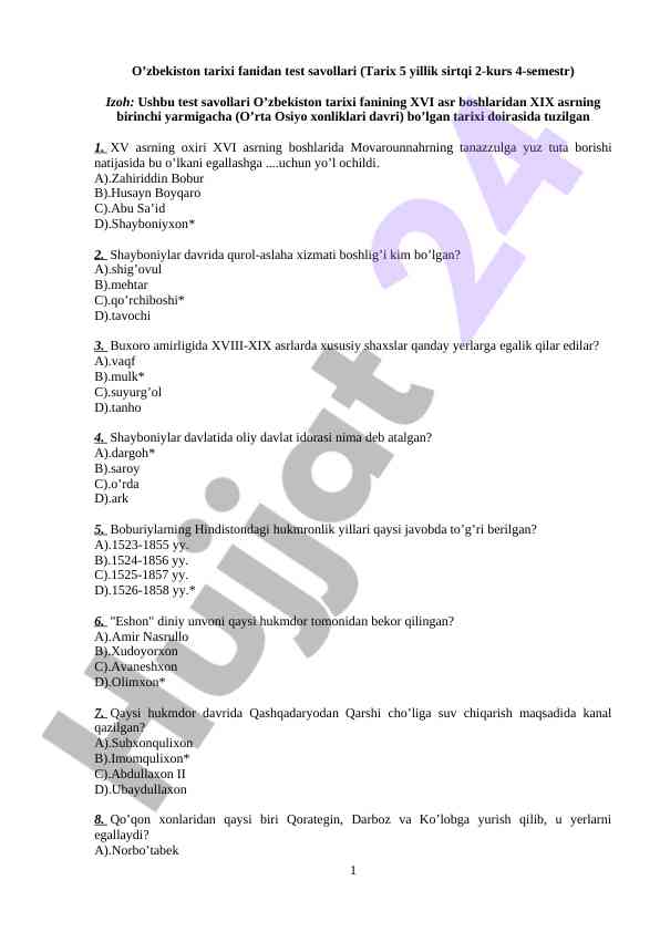 O’zbekiston tarixi fanidan test savollari