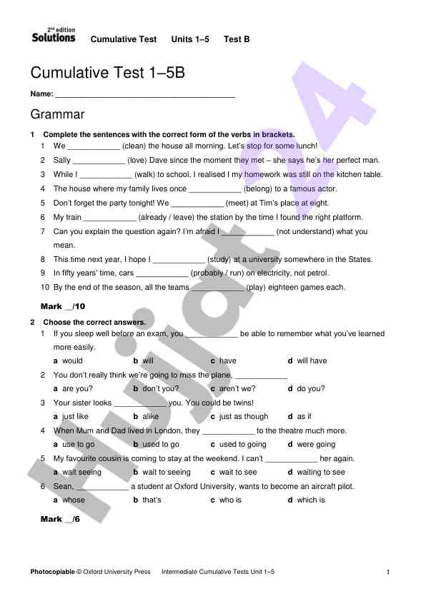 Cumulative test units 1–5 grammar exercises