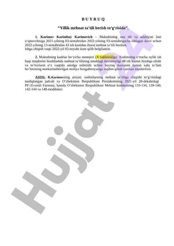 Yillik mehnat taʼtili berish buyrug‘i
