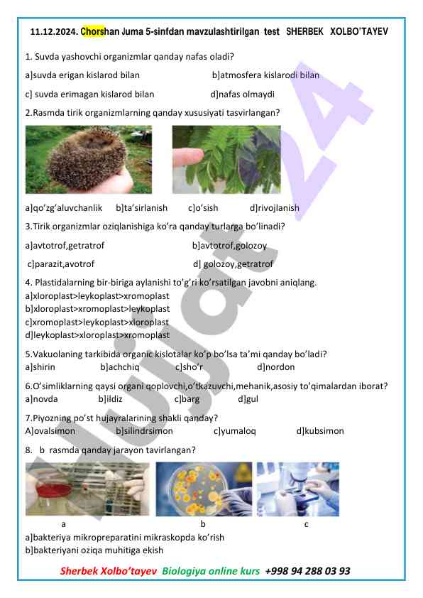 Biologiya online kursi savol javoblar