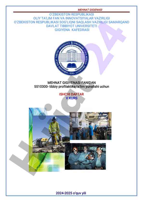 Mehnat gigienasi ishchi daftari 2024-2025 o‘quv yili
