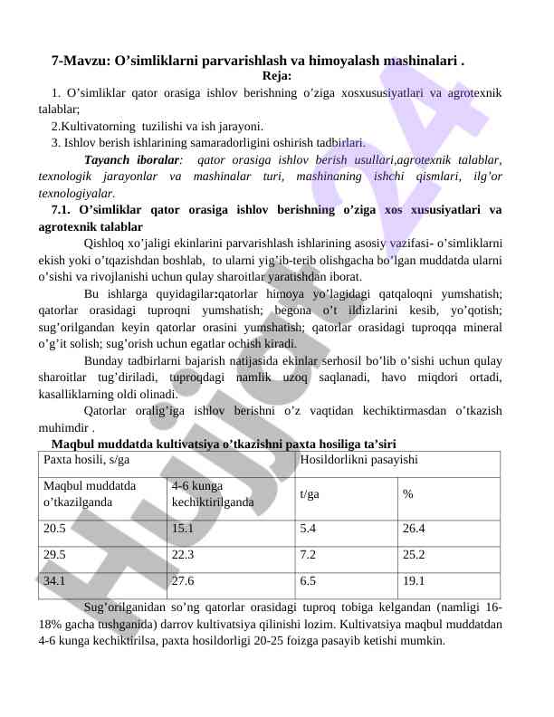 O’simliklarni parvarishlash va himoyalash mashinalari