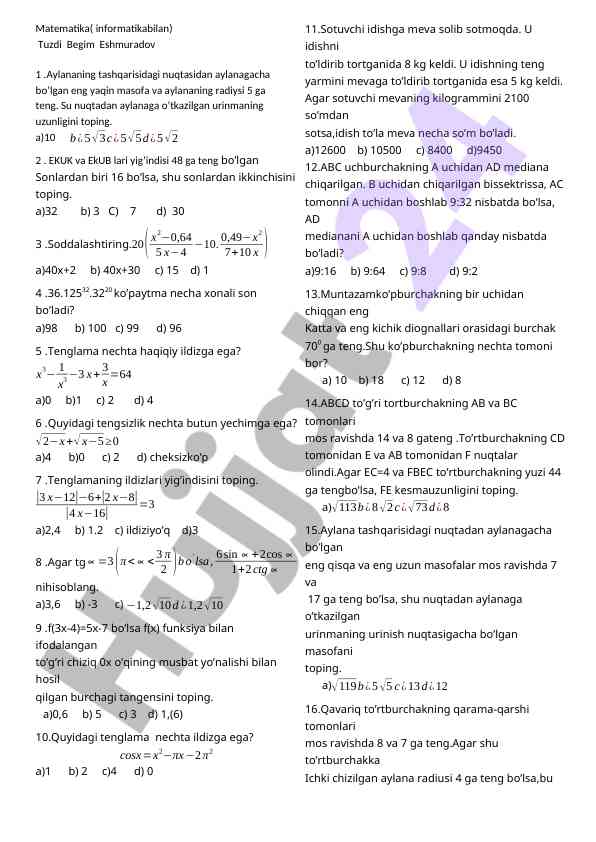 Matematika testlari va masalalari
