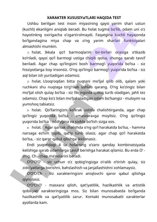 Xarakter xususiyatlari haqida test