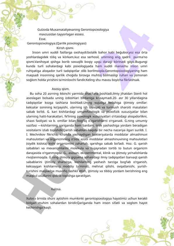 Gerontopsixologiya va qarilik psixologiyasi tahlili