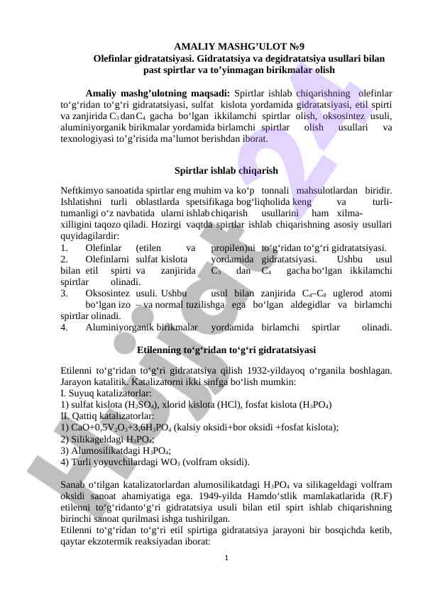 Olefinlar gidratatsiyasi amaliy mashg'uloti