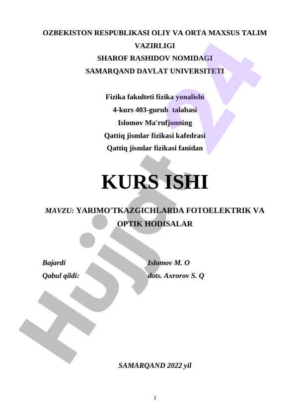 Yarimo'tkazgichlarda fotoelektrik va optik hodisalar