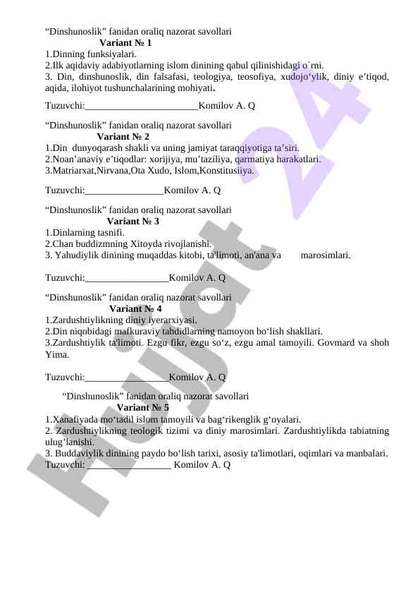 Dinshunoslik fanidan oraliq nazorat savollari