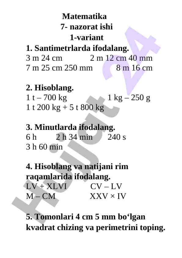 Matematika 7 nazorat ishi 1 va 2 variant