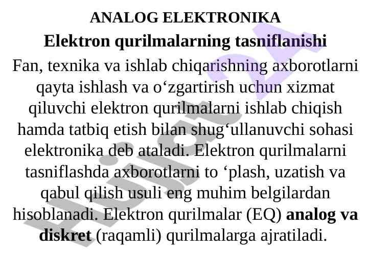 Analog elektronika elektron qurilmalarining tasniflanishi