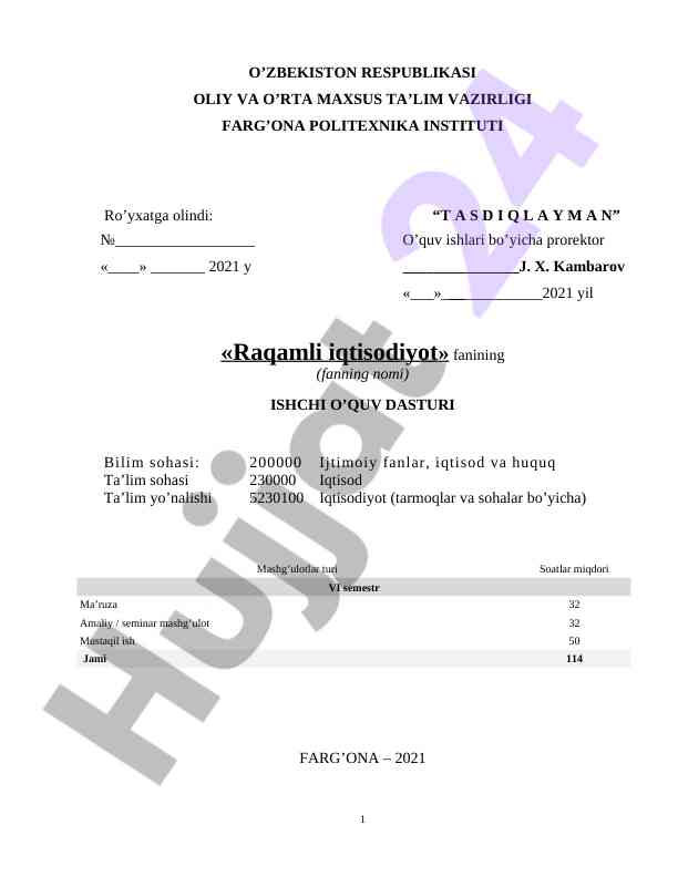 Raqamli iqtisodiyot ishchi o‘quv dasturi