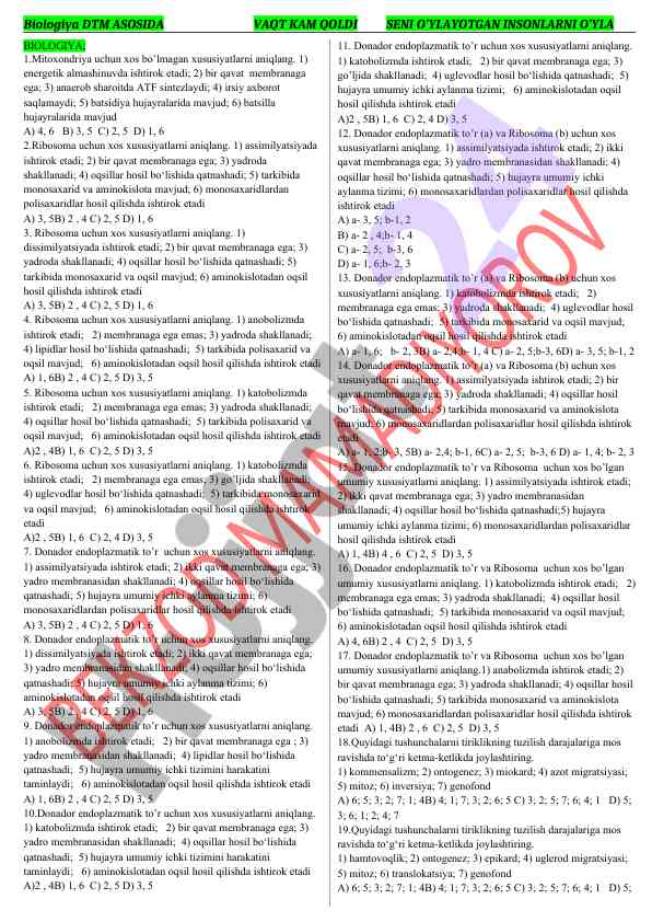 Biologiya dtm asosida savollar va javoblar