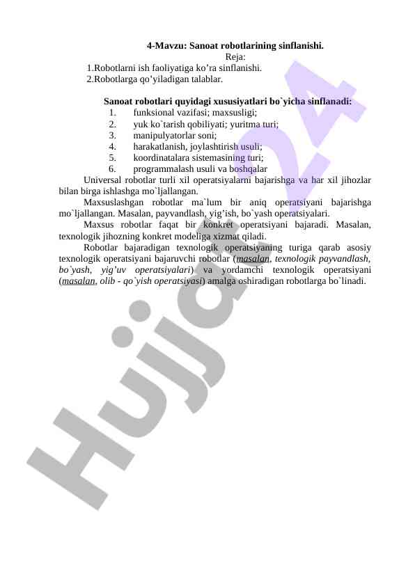 Sanoat robotlarining sinflanishi va talablar