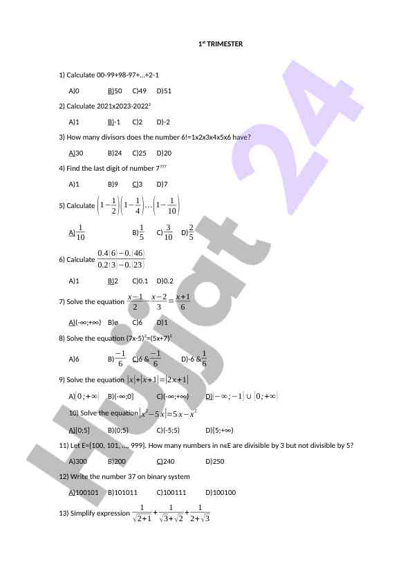 1-trimester math test jumlari va yechimlari