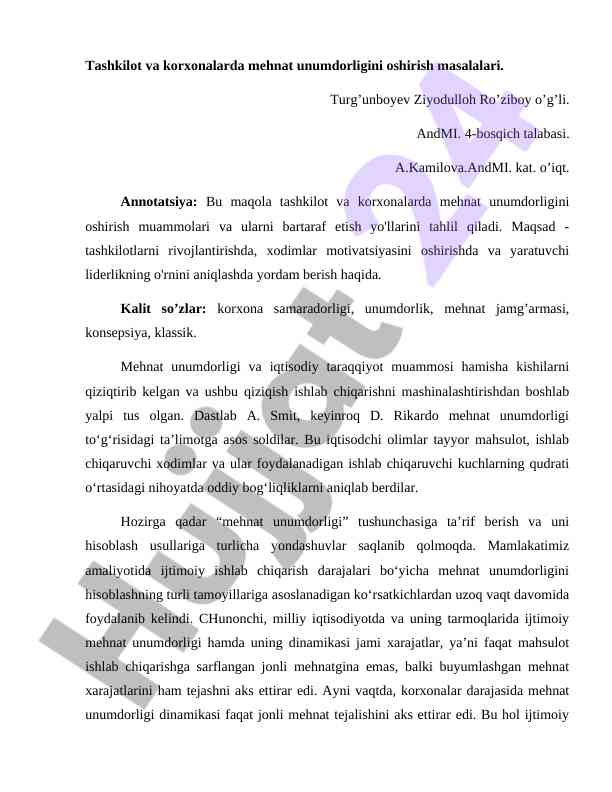 Tashkilotlarda mehnat unumdorligini oshirish usullari