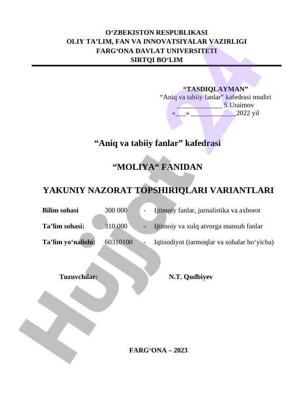 Moliya fanidan yakuniy nazorat topshiriqlari