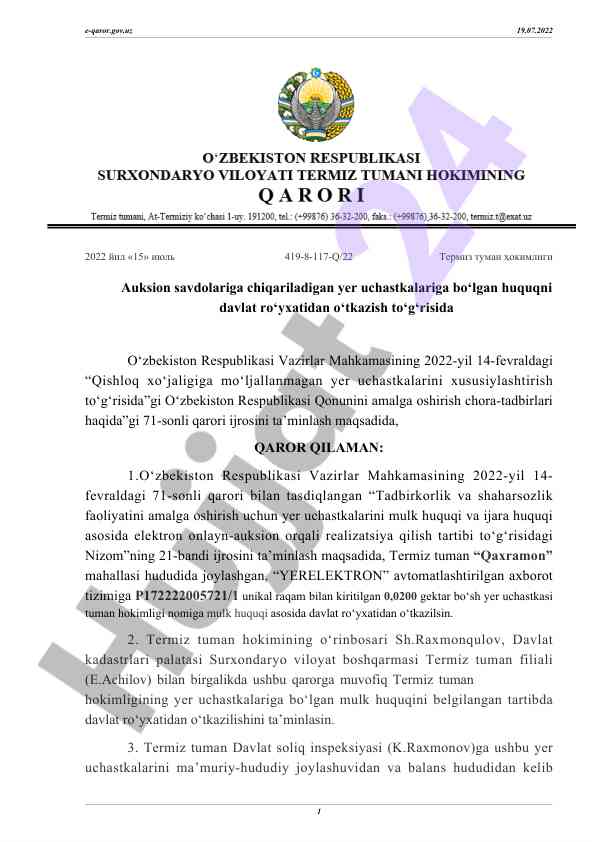 Auksion savdolari uchun yer uchastkalarini davlat ro'yxati