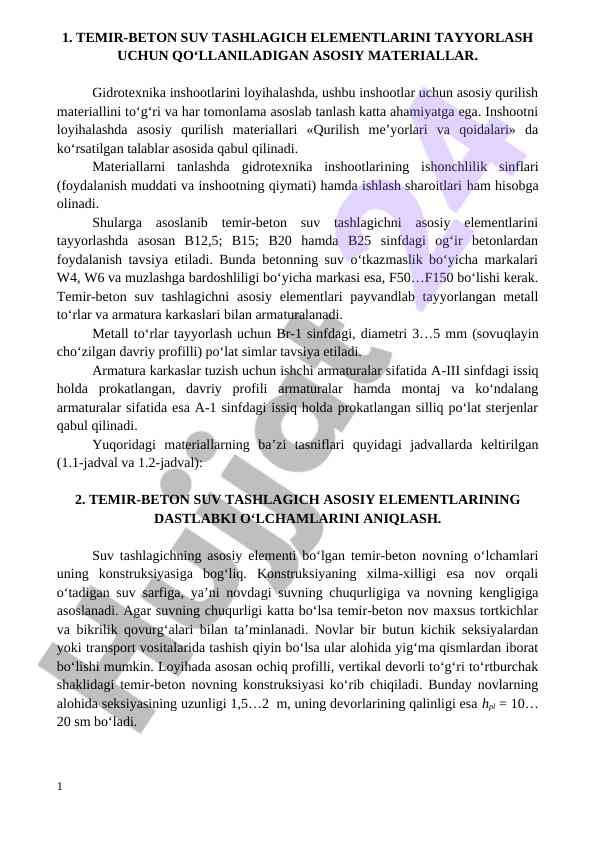 Temir-beton suv tashlagich elementlarini tayyorlash