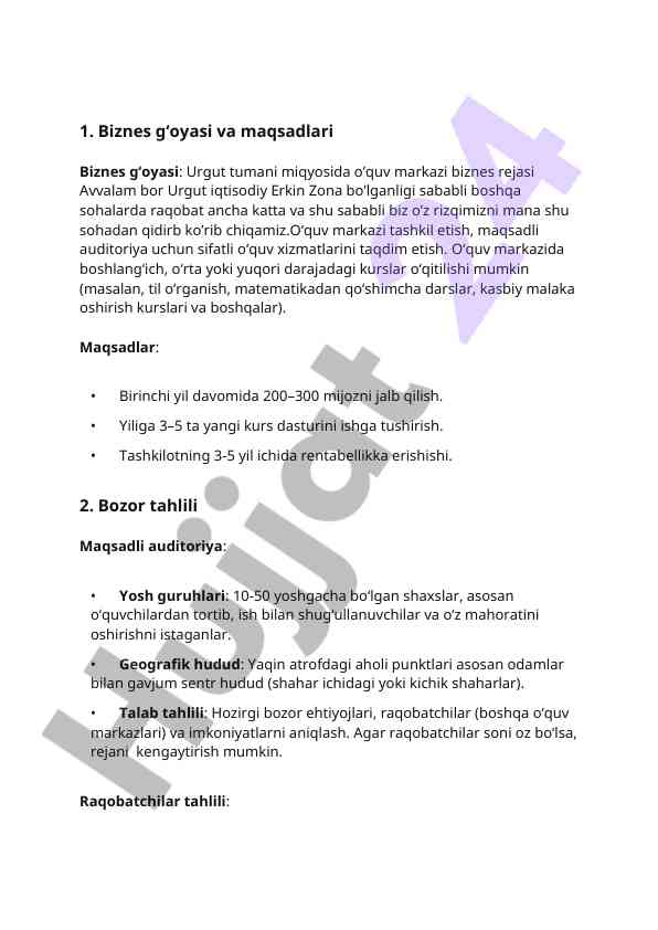O'quv markazi biznes rejasi va maqsadlari