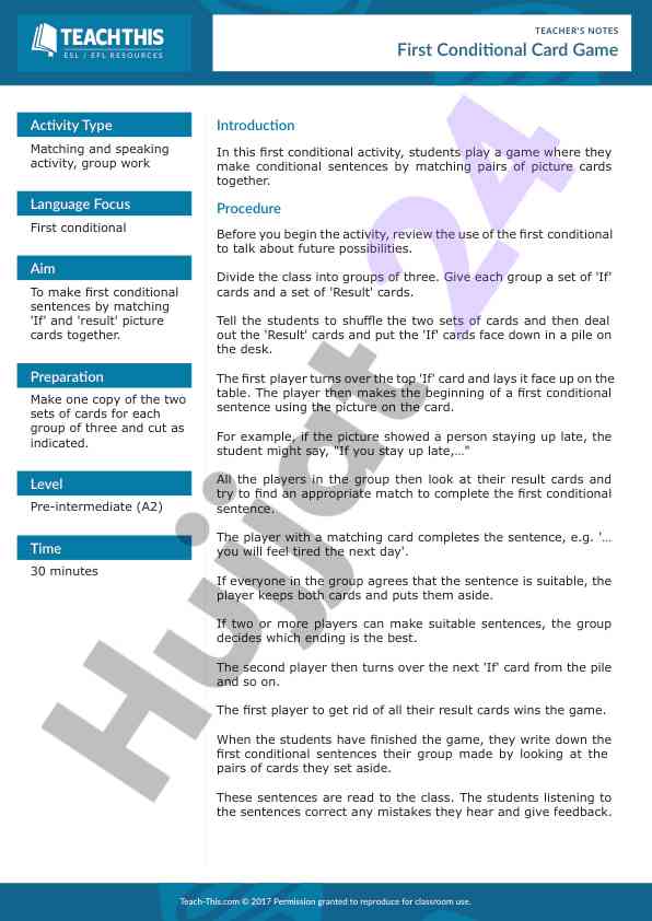 First conditional card game activity for students