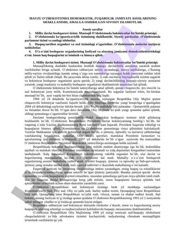 O‘zbekiston demokratik furarolik jamiyati asoslari