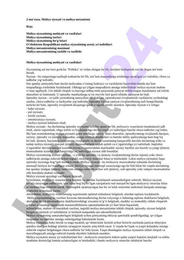 Moliya siyosati va moliya mexanizmi asoslari