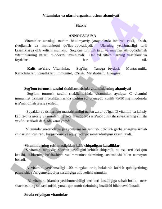 Vitaminlar va ularni organizmdagi ahamiyati