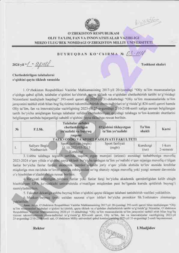 Chetlashtirilgan talabalarni o‘qishini qayta tiklash