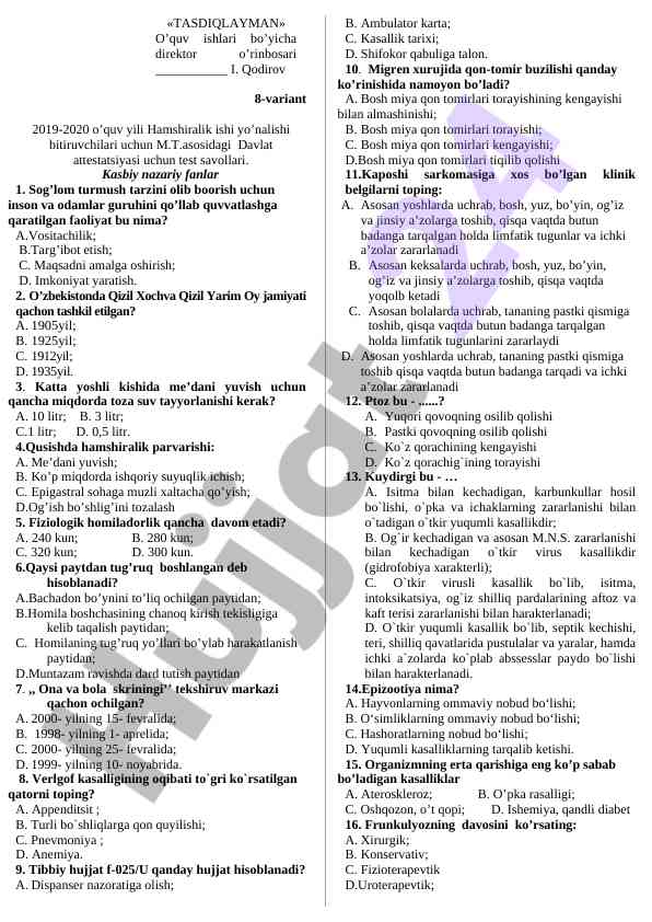 Hamshiralik ishiga oid test savollari 2019-2020