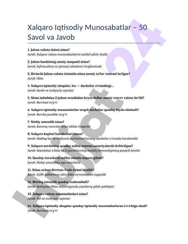 Xalqaro iqtisodiy munosabatlar 50 savol va javob