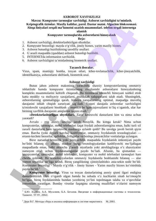 Kompyuter tarmoqlar xavfsizligi va axborot himoyasi