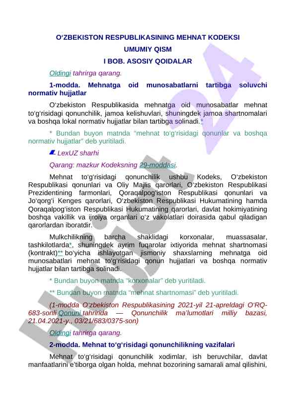 O‘zbekiston respublikasi mehnat kodeksi asosiy qoidalari