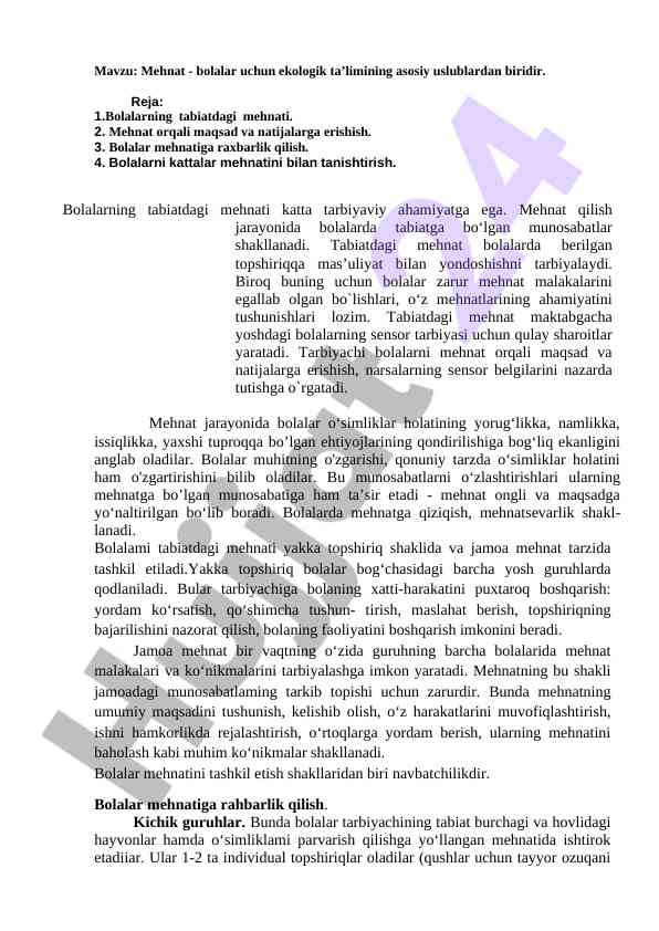 Bolalar uchun ekologik ta'limda mehnat