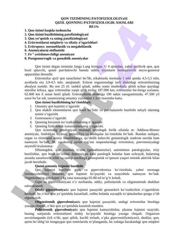 Qon tizimining patofiziologiyasi va anemiyalar