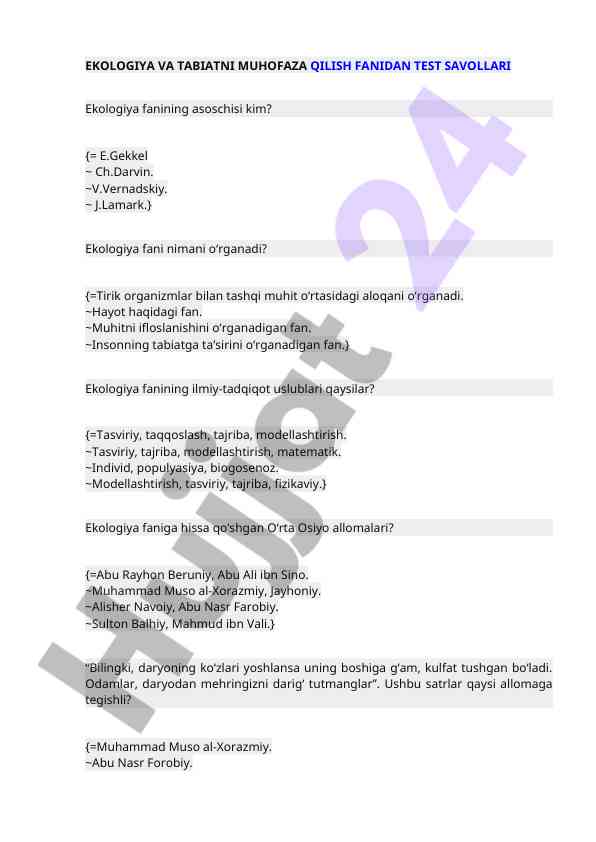 Ekologiya va tabiatni muhoafa qilish fanidan test savollari