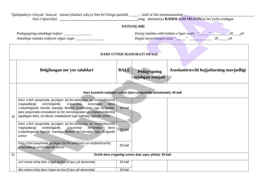 Pedagog attestatsiya natijalari baholash mezonlari