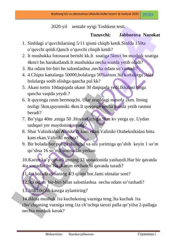 Matematik masalalar va savollar jami