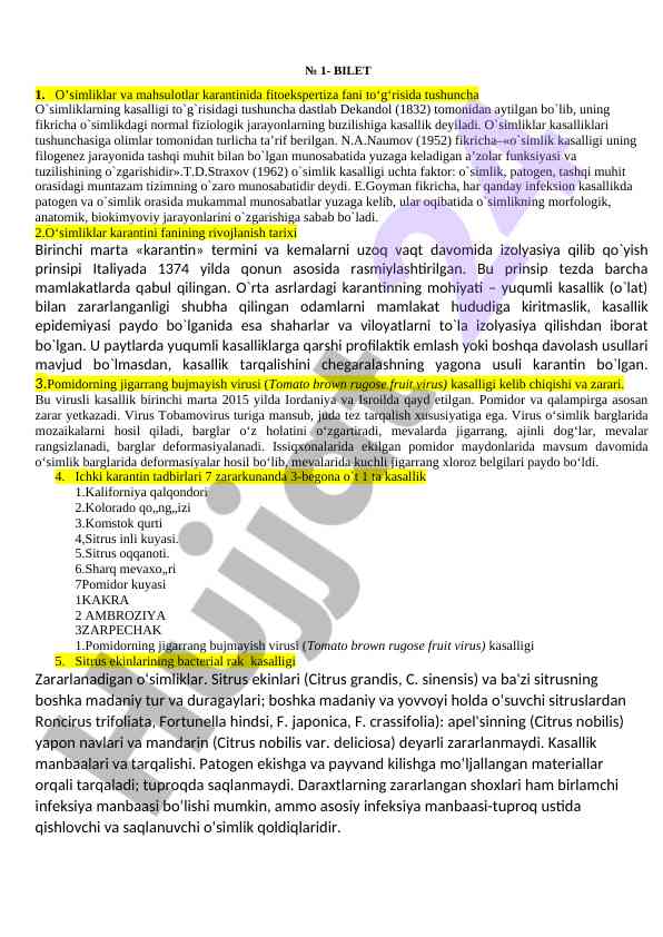 O'simliklar karantinida fitoekspertiza fani tushunchalari