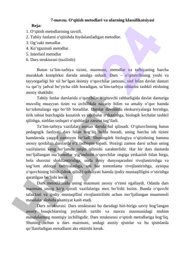 O‘qitish metodlari va ularning klassifikatsiyasi