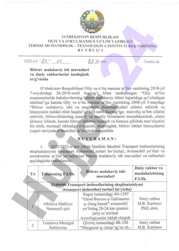 Bitiruv malakaviy ish mavzulari va rahbarlarni tasdiqlash
