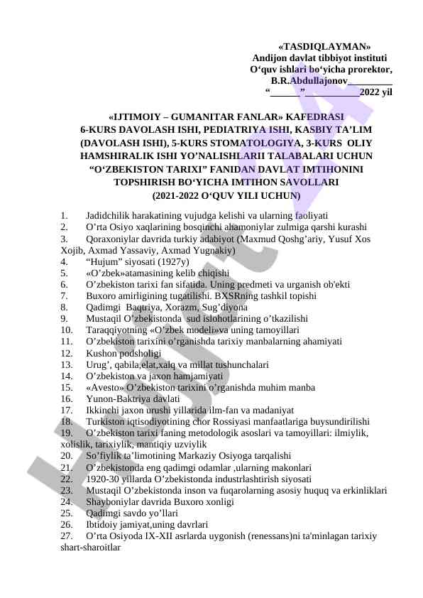 O‘zbekiston tarixi fani bo‘yicha imtihon savollari