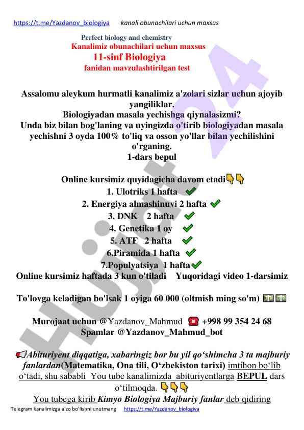 Onlayn biologiya kursi 11-sinf mavzuli testlar
