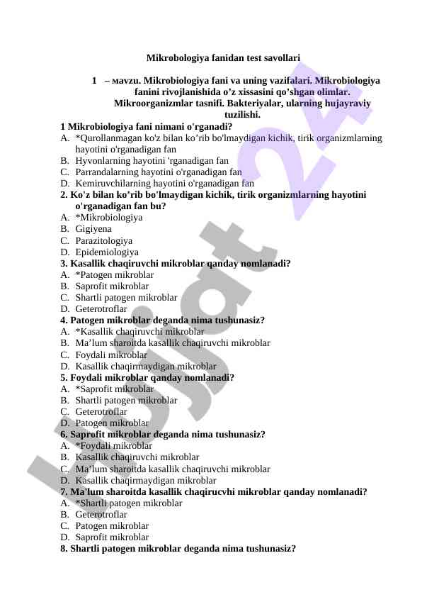 Mikrobologiya fanidan test savollari