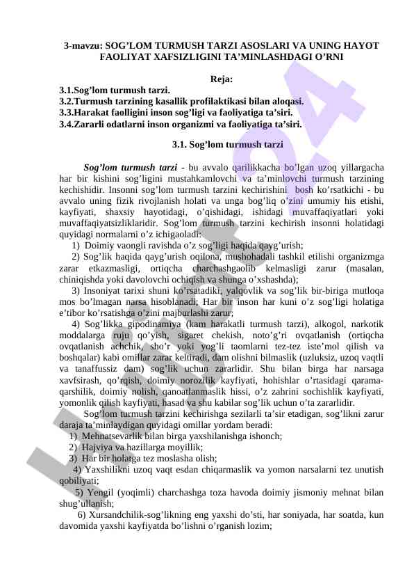 Sog‘lom turmush tarzi asoslari va hayot faoliyati