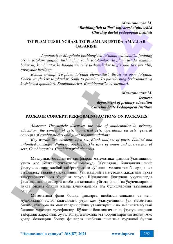 Boshlang‘ich ta’limda matematika va to‘plamlar