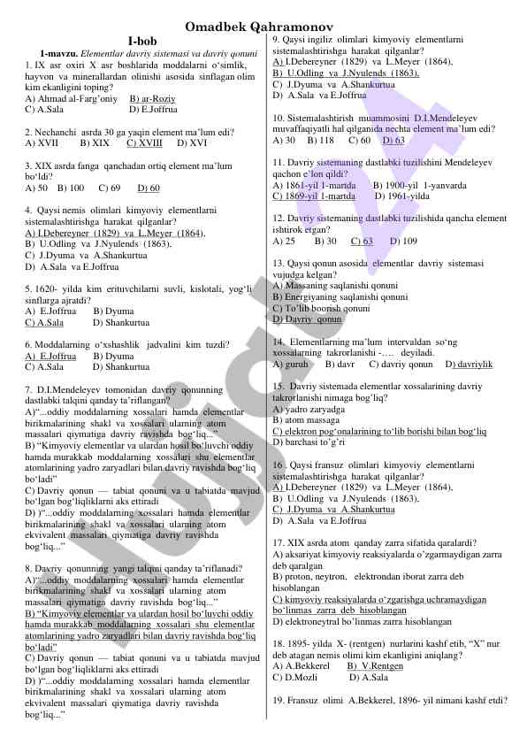 Elementlar davriy sistemi va davriy qonuni testi