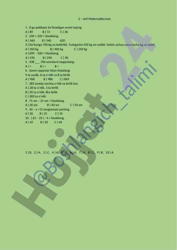 Matematika testi 2-sinf uchun savollar