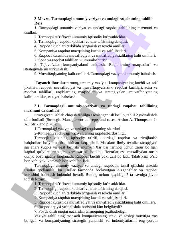 Tarmoqdagi umumiy vaziyat va raqobat tahlili