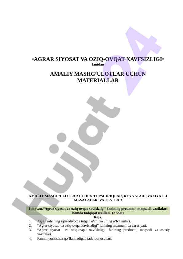 Agrar siyosat va oziq-ovqatsizligi amaliy mashg‘ulotlar