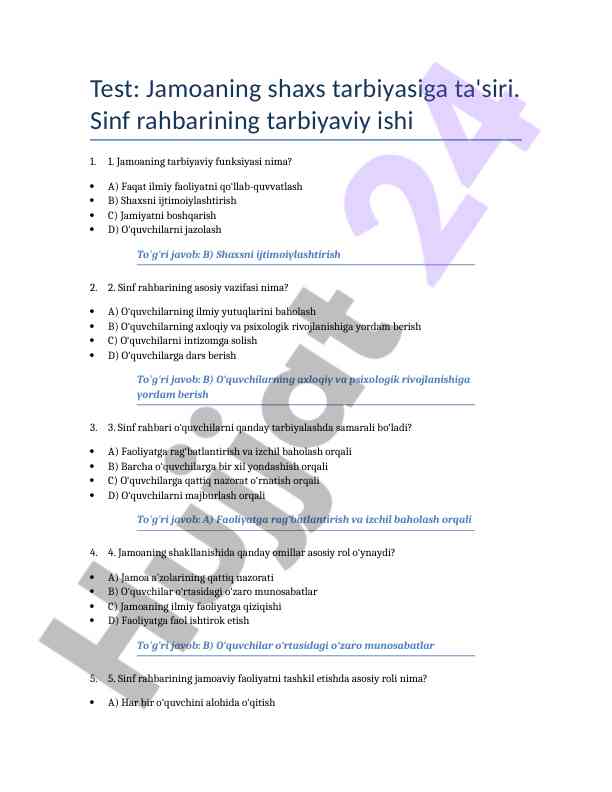 Jamoaning shaxs tarbiyasiga ta'siri testi